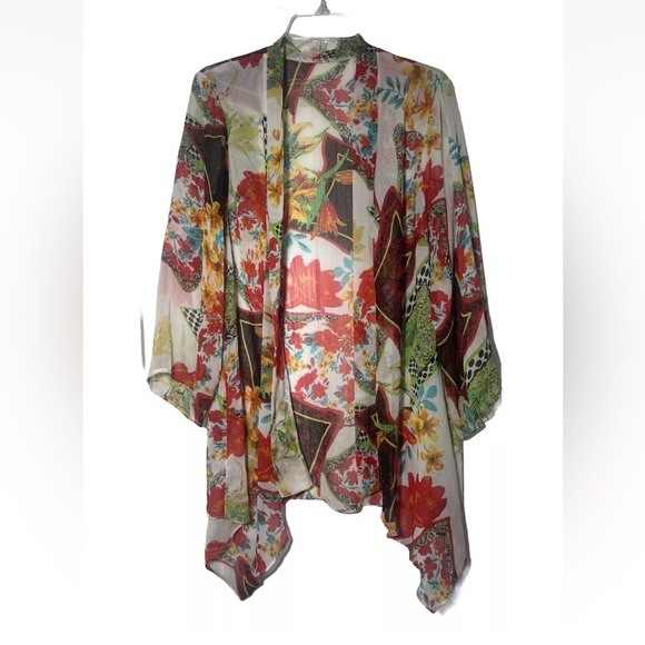 Women’s Colorful Kimono Cardigan Open Cover Up Sheer Bright Floral Layer Artsy - Picture 1 of 10